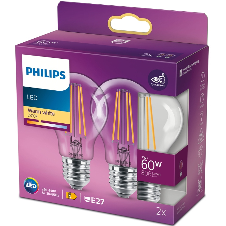 Philips 2-pack LED E27 Normal 7W (60W) Klar 806lm in the group HOME ELECTRONICS / Lighting / LED lamps at TP E-commerce Nordic AB (C13204)