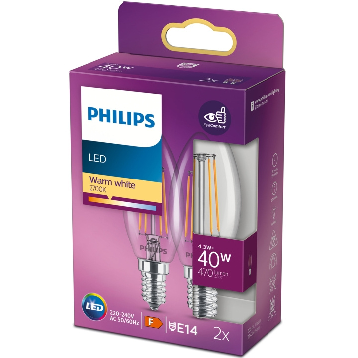 Philips 2-pack LED E14 Kron 4,3W (40W) Klar 470lm in the group HOME ELECTRONICS / Lighting / LED lamps at TP E-commerce Nordic AB (C13205)