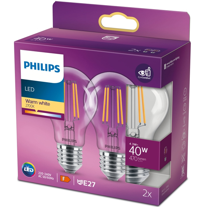 Philips 2-pack LED E27 Normal 4,3W (40W) Klar 470lm in the group HOME ELECTRONICS / Lighting / LED lamps at TP E-commerce Nordic AB (C13206)
