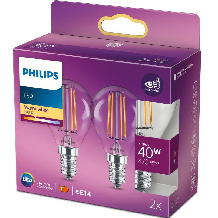 Philips 2-pack LED E14 Klot 4,3W (40W) Klar 250lm in the group HOME ELECTRONICS / Lighting / LED lamps at TP E-commerce Nordic AB (C13207)