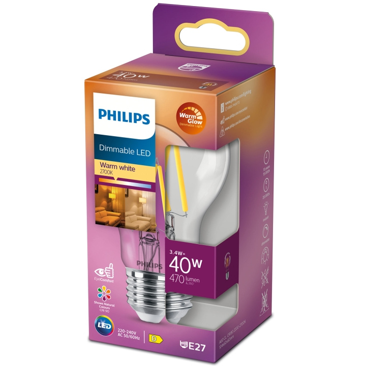 Philips LED E27 Normal 3,4W (40W) Klar Dim WarmGl 470 in the group HOME ELECTRONICS / Lighting / LED lamps at TP E-commerce Nordic AB (C13208)