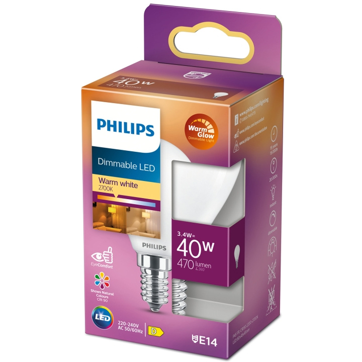 Philips LED E14 Klot 3,4W (40W) Frost Dim WarmGl 470 in the group HOME ELECTRONICS / Lighting / LED lamps at TP E-commerce Nordic AB (C13214)