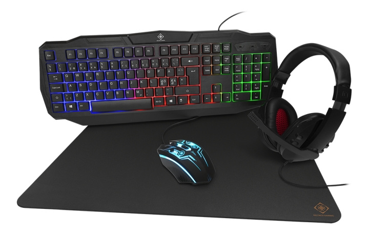 DELTACO GAMING 4-in-1 Gaming kit, Rainbow backlight, black in the group COMPUTERS & PERIPHERALS / Mice & Keyboards / Keyboards / Combo packs at TP E-commerce Nordic AB (C13818)