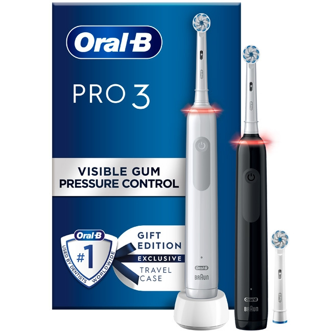 Oral-B Pro3 3900N Sensi UltraThin Duo, White + Black unit in the group BEAUTY & HEALTH / Oral care / Electric toothbrushes at TP E-commerce Nordic AB (C14160)