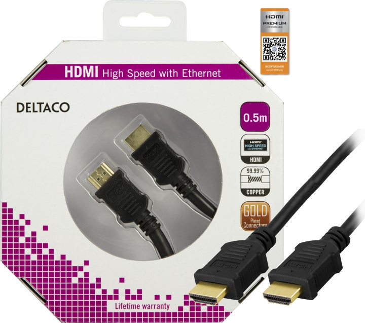 DELTACO HDMI cable, Premium High Speed HDMI with Ethernet, 0.5m, black in the group HOME ELECTRONICS / Cables & Adapters / HDMI / Cables at TP E-commerce Nordic AB (C17894)