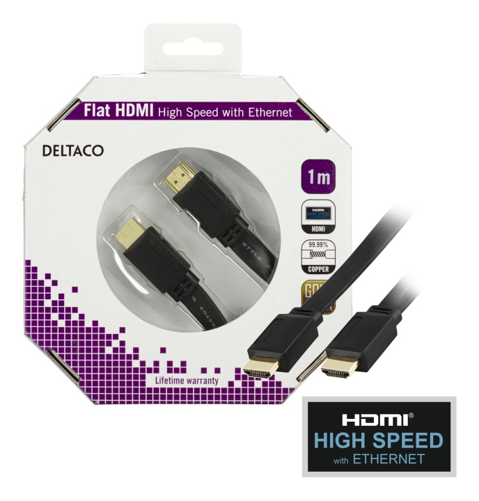 DELTACO flat HDMI cable, HDMI High Speed with Ethernet, 1m, black in the group HOME ELECTRONICS / Cables & Adapters / HDMI / Cables at TP E-commerce Nordic AB (C17895)