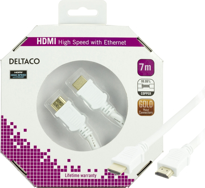 DELTACO HDMI cable, HDMI High Speed with Ethernet, 4K, 7m, white in the group HOME ELECTRONICS / Cables & Adapters / HDMI / Cables at TP E-commerce Nordic AB (C17903)