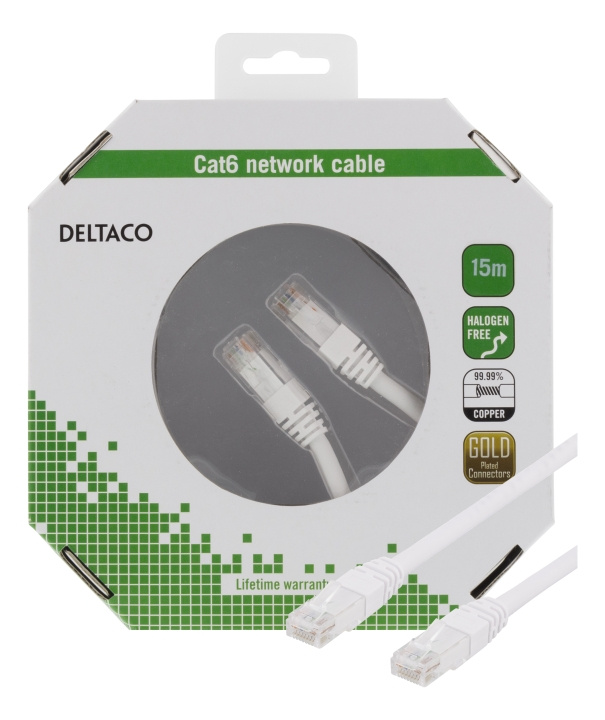 DELTACO U/UTP Cat6 patch cable, 15m, 250MHz, Delta, LSZH, white in the group COMPUTERS & PERIPHERALS / Computer cables / Network cables / Cat6 at TP E-commerce Nordic AB (C18190)