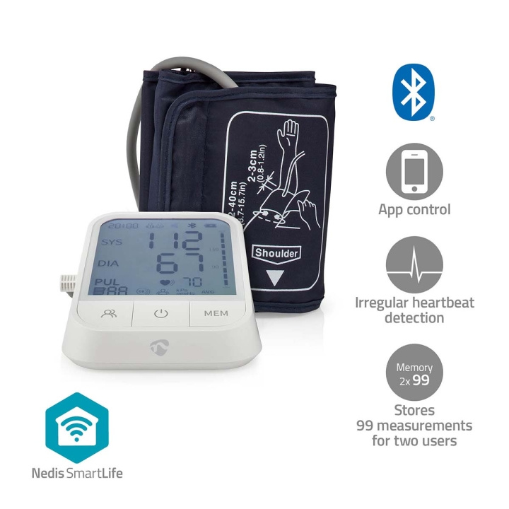 Nedis Blood Pressure Monitor | Arm | Bluetooth | LCD Display | 22 - 42 cm | Memory slots: 2x 99 | White in the group BEAUTY & HEALTH / Health care / Blood pressure monitors at TP E-commerce Nordic AB (C25695)