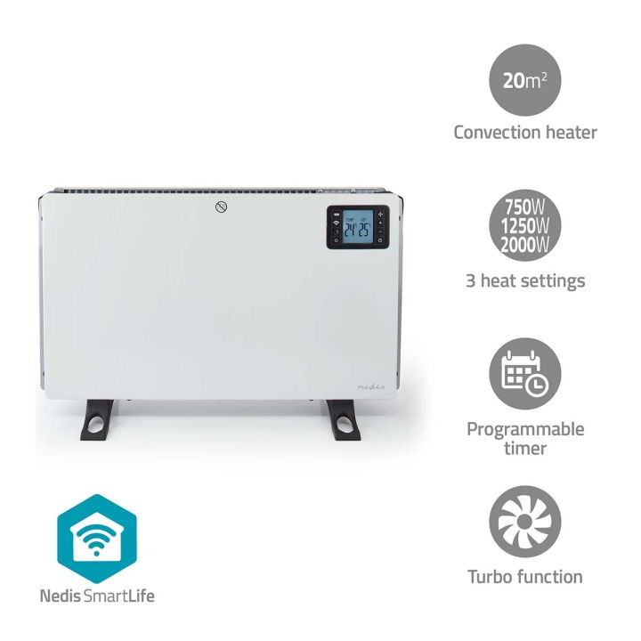 Nedis SmartLife Convection Heater | Wi-Fi | 2000 W | 3 Heat Settings | LCD | 5 - 37 °C | Adjustable thermostat | White in the group HOME, HOUSEHOLD & GARDEN / Fans & Climate products / Radiators at TP E-commerce Nordic AB (C29451)