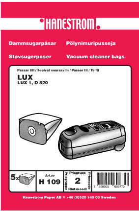 hanestroem Dammsugarpåsar Hanestrom LUX 1. D 820 in the group HOME, HOUSEHOLD & GARDEN / Cleaning products / Vacuum cleaners & Accessories / Accessories / Vacuum bags at TP E-commerce Nordic AB (C33204)