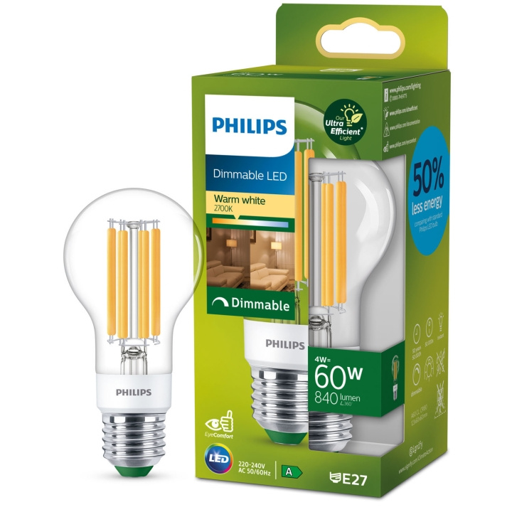 Philips LED E27 Normal 4W (60W) Klar Dimbar 840lm 2700K Energiklass A in the group HOME ELECTRONICS / Lighting / LED lamps at TP E-commerce Nordic AB (C33750)