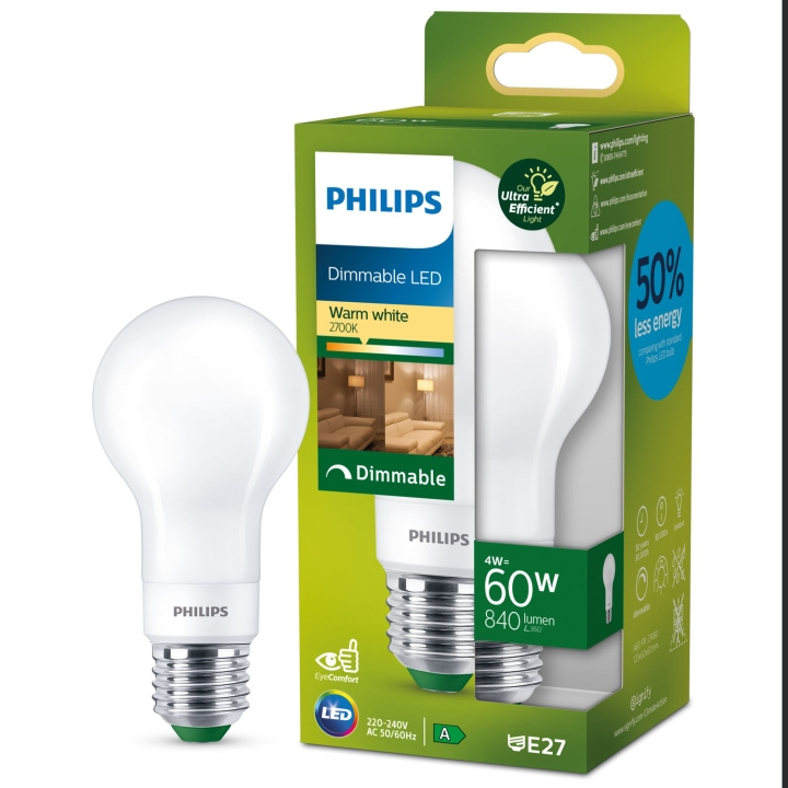 Philips LED E27 Normal 4W (60W) Frost Dimbar 840lm 2700K Energiklass A in the group HOME ELECTRONICS / Lighting / LED lamps at TP E-commerce Nordic AB (C33751)
