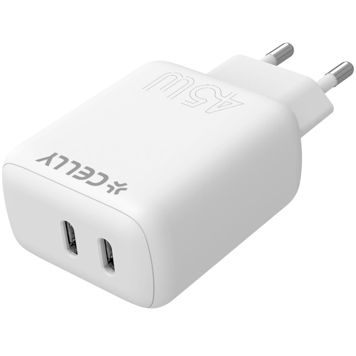 Celly USB-laddare 2 x USB-C PD 45W Vit in the group SMARTPHONE & TABLETS / Chargers & Cables / Wall charger / Wall charger USB-C at TP E-commerce Nordic AB (C33778)