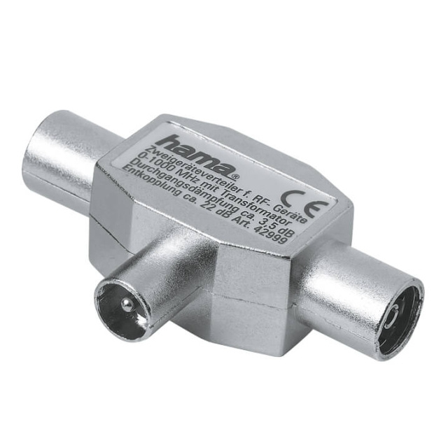 HAMA Antenna Splitter, coax plug - 2 coax sockets, metal in the group HOME ELECTRONICS / Audio & Picture / TV & Accessories / Antennas & Accessories at TP E-commerce Nordic AB (C38543)