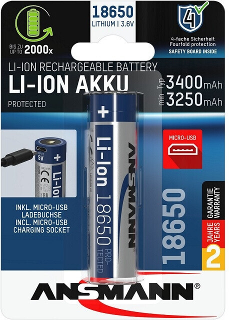 Ansmann 18650 -akkuparisto microUSB-latausliittimellä, 3400 mAh in the group HOME ELECTRONICS / Batteries & Chargers / Batteries / Other at TP E-commerce Nordic AB (C41036)