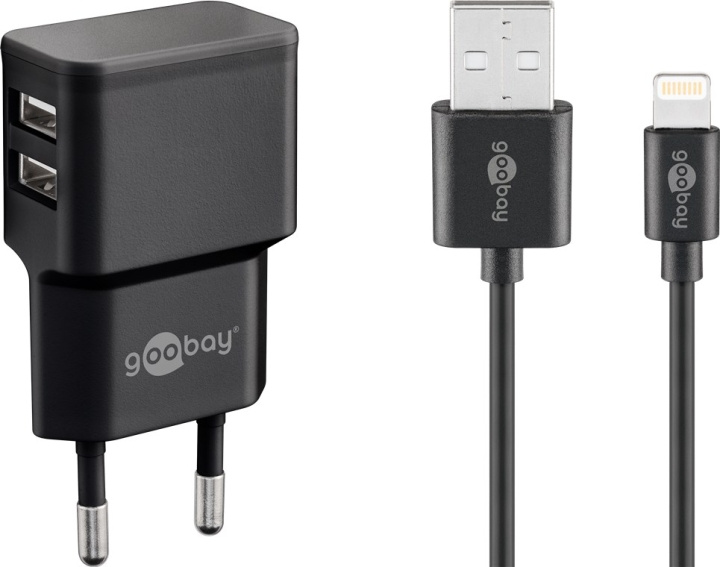 Goobay Apple Lightning Dual laddningssats (12 W) Strömförsörjningsenhet med 2x USB-uttag och Apple Lightning-kabel 1 m (svart) in the group SMARTPHONE & TABLETS / Chargers & Cables / Wall charger / Wall charger Lightning at TP E-commerce Nordic AB (C43980)