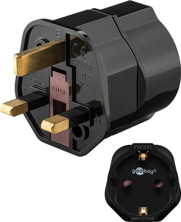 Goobay Nätadapter Storbritannien, svart uttag med skyddsjord (typ F, CEE 7/3) > brittisk 3-polig kontakt (typ G, BS 8546) in the group HOME, HOUSEHOLD & GARDEN / Electricity & Lighting / Travel adapters at TP E-commerce Nordic AB (C43989)