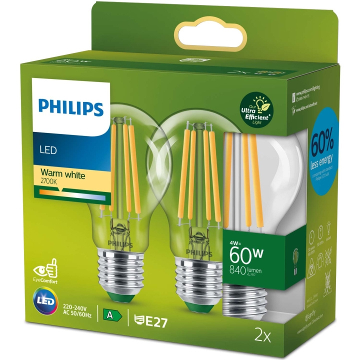 Philips 2-pack LED E27 Normal 4W (60W) Klar 840lm 2700K Energiklass A in the group HOME ELECTRONICS / Lighting / LED lamps at TP E-commerce Nordic AB (C51452)