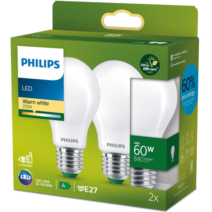 Philips 2-pack LED E27 Normal 4W (60W) Frostad 840lm 2700K Energiklass A in the group HOME ELECTRONICS / Lighting / LED lamps at TP E-commerce Nordic AB (C51453)