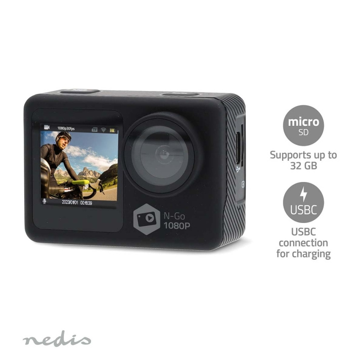 Nedis Action Cam | Dual Screen | 1080p@30fps | 12 MPixel | Waterproof up to: 30.0 m | 70 min | Wi-Fi | App available for: Android™ / IOS | Mounts included | Black in the group Sport, leisure & Hobby / Action cameras & Accessories / Action cameras at TP E-commerce Nordic AB (C57029)