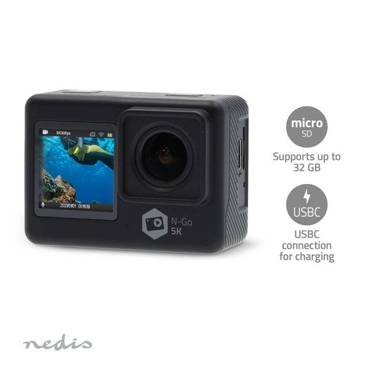 Nedis Action Cam | Dual Screen | 5K@30fps | 16 MPixel | Waterproof up to: 30.0 m | 80 min | Wi-Fi | App available for: Android™ / IOS | Mounts included | Black in the group Sport, leisure & Hobby / Action cameras & Accessories / Action cameras at TP E-commerce Nordic AB (C57030)