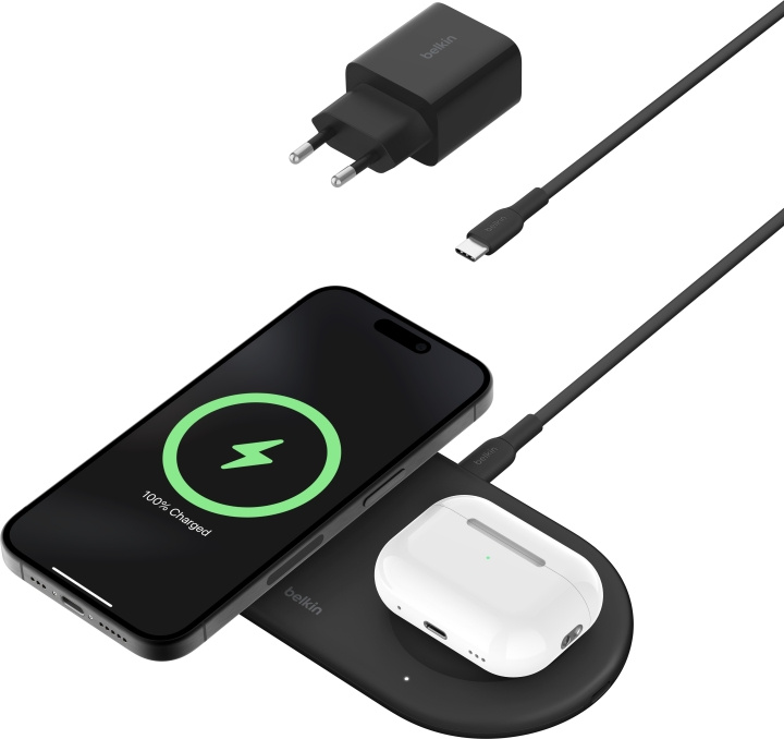 Belkin BoostCharge Pro 2-i-1 Qi2 laddningsplatta, svart in the group SMARTPHONE & TABLETS / Chargers & Cables / Wireless Qi chargers at TP E-commerce Nordic AB (C58923)