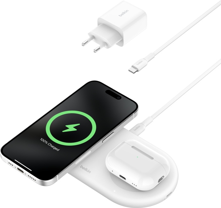 Belkin BoostCharge Pro 2-i-1 Qi2 laddningsplatta, vit in the group SMARTPHONE & TABLETS / Chargers & Cables / Wireless Qi chargers at TP E-commerce Nordic AB (C58924)