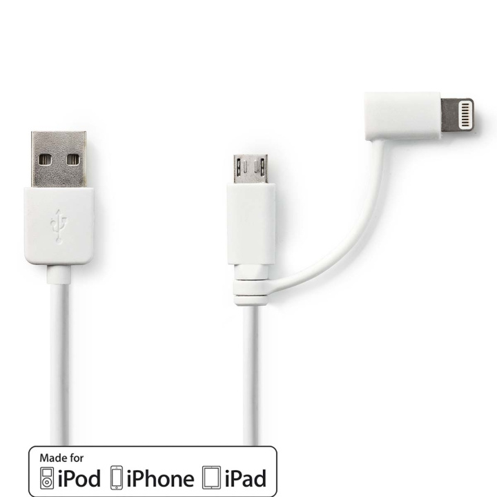 Nedis 2-in-1 Cable | USB 2.0 | USB-A Male | Apple Lightning 8-Pin / USB Micro-B Male | 480 Mbps | 1.00 m | Nickel Plated | Round | PVC | White | Polybag in the group COMPUTERS & PERIPHERALS / Computer cables / USB / USB-A / Cables at TP E-commerce Nordic AB (C58985)
