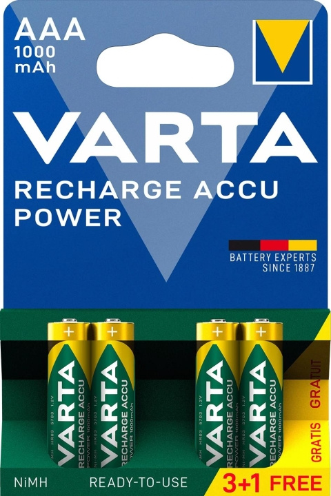 Varta Recharge Charge Accu Power AAA 1000mAh 4 Pack (3+1) in the group HOME ELECTRONICS / Batteries & Chargers / Rechargable batteries / AAA at TP E-commerce Nordic AB (C60789)