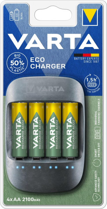 Varta Eco Charger + 4x AA Batteries (56816), 2100 mAh in the group HOME ELECTRONICS / Batteries & Chargers / Rechargable batteries / AA at TP E-commerce Nordic AB (C60793)