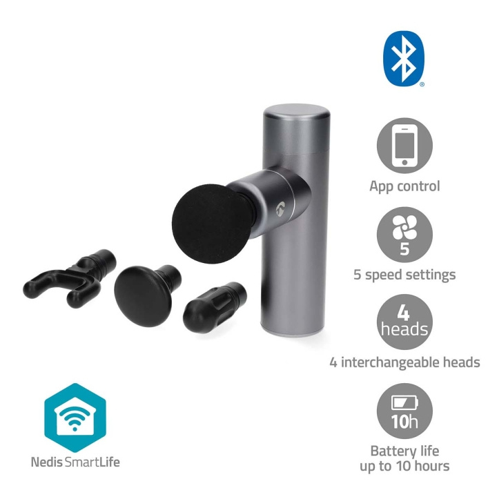 Nedis SmartLife Sports Massage Gun | Accu Powered | N/A | Rechargeable | 5 Massage Modes | Conical Head / Drawstring Bag / Flat Head / Spherical Head / U-shape Head | Dark Grey in the group BEAUTY & HEALTH / Massage & Wellness / Massage at TP E-commerce Nordic AB (C66699)