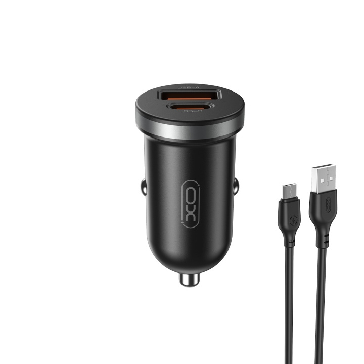Xo car Charger CC56 PD 30W QC 1x USB 1x USB-C black + USB - microUSB cable in the group SMARTPHONE & TABLETS / Chargers & Cables / Car chargers / Car chargers micro-USB at TP E-commerce Nordic AB (C79286)