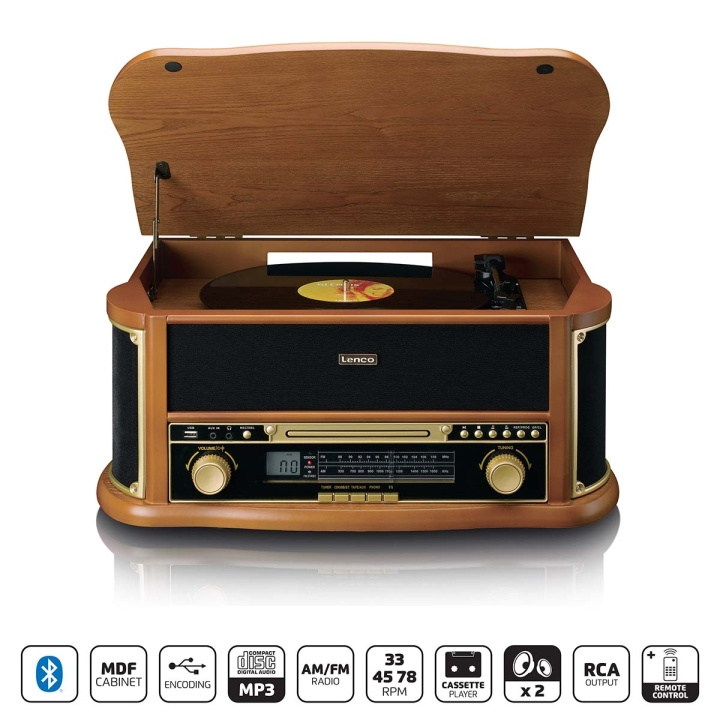 Lenco Wooden retro Record Player with Bluetooth® AM/FM radio USB encoding CD player cassette player and built-in speakers in the group HOME ELECTRONICS / Audio & Picture / Home cinema, Hifi & Portable / Compact stereo & Record players at TP E-commerce Nordic AB (D14627)