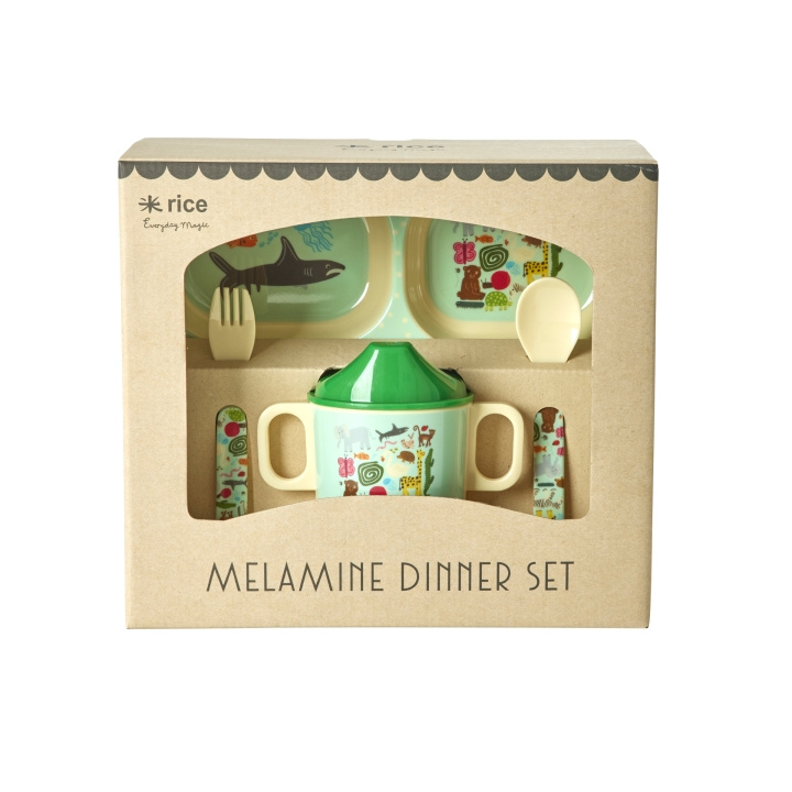 RICE Melamine Baby Dinner Set - Wildlife Print - Mint and Blue in the group TOYS, KIDS & BABY PRODUCTS / Eat & Drink / Children\'s tableware at TP E-commerce Nordic AB (D15344)