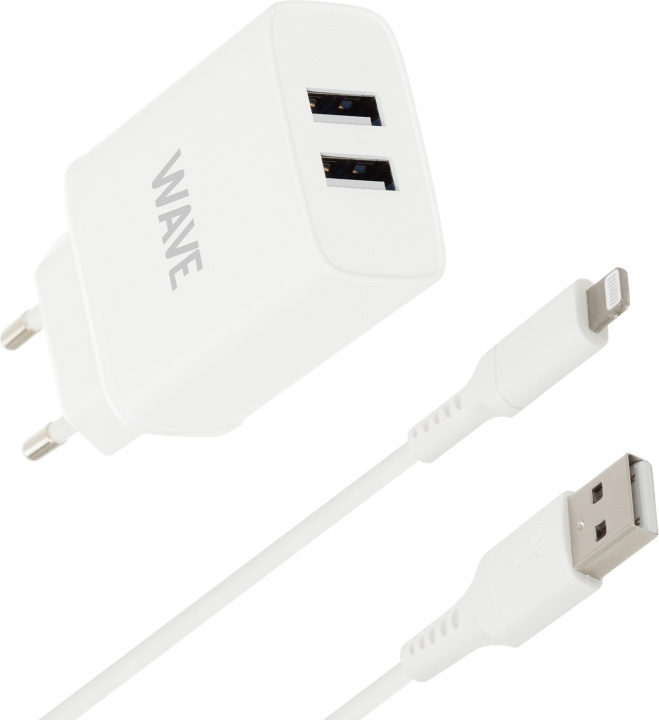Wave mains charger 2 x USB + Lightning cable, 17W, white in the group SMARTPHONE & TABLETS / Chargers & Cables / Wall charger / Wall charger Lightning at TP E-commerce Nordic AB (D15975)
