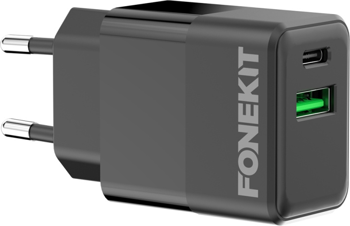FoneKit Double 20W charger, USB-C + USB-A, black in the group SMARTPHONE & TABLETS / Chargers & Cables / Wall charger / Wall charger USB-C at TP E-commerce Nordic AB (D16154)