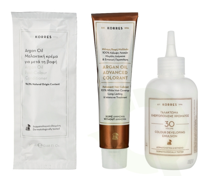 Korres Argan Oil Advanced Colorant 145 ml 8.0 Light Blonde - Colorant 50ml/Emulsion 75ml/Conditioner 20ml in the group BEAUTY & HEALTH / Hair & Styling / Hair care / Hair Dye at TP E-commerce Nordic AB (D16672)