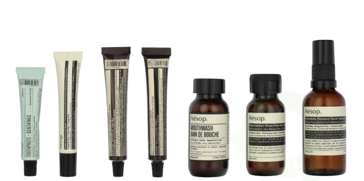 AESOP Departure Travel Kit 199 ml Hand Wash 50ml/Hand Balm 15ml/Hydrating Masque 15ml/Facial Hydrosol 50ml/Lip Cream 9ml/Mouthwash 50ml/Toothpaste 10ml in the group BEAUTY & HEALTH / Gift sets / Gift sets for her at TP E-commerce Nordic AB (D19647)