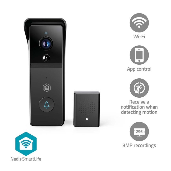 Nedis SmartLife Video Doorbell | Battery Powered | 3MP Full HD 1296p | Cloud Storage (optional) / microSD (not included) | IP44 | With motion sensor | Night vision | Black in the group HOME, HOUSEHOLD & GARDEN / Alarm & Security / Doorbells at TP E-commerce Nordic AB (D24980)