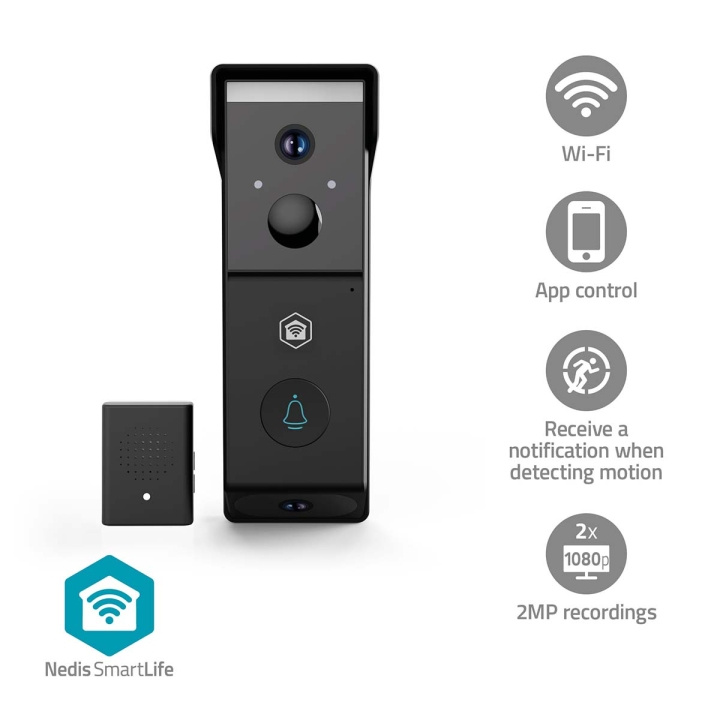 Nedis SmartLife Video Doorbell | Battery Powered | 2x Full HD 1080p | Cloud Storage (optional) / microSD (not included) | IP54 | With motion sensor | Night vision | Black in the group HOME, HOUSEHOLD & GARDEN / Alarm & Security / Doorbells at TP E-commerce Nordic AB (D24981)