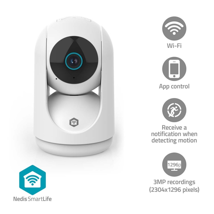 Nedis SmartLife Indoor Camera | 3MP Full HD 1296p | Pan tilt | Cloud Storage (optional) / microSD (not included) / Onvif | With motion sensor | Night vision | White in the group HOME, HOUSEHOLD & GARDEN / Alarm & Security / Security cameras / Digital (Network) / Indoor cameras at TP E-commerce Nordic AB (D24995)