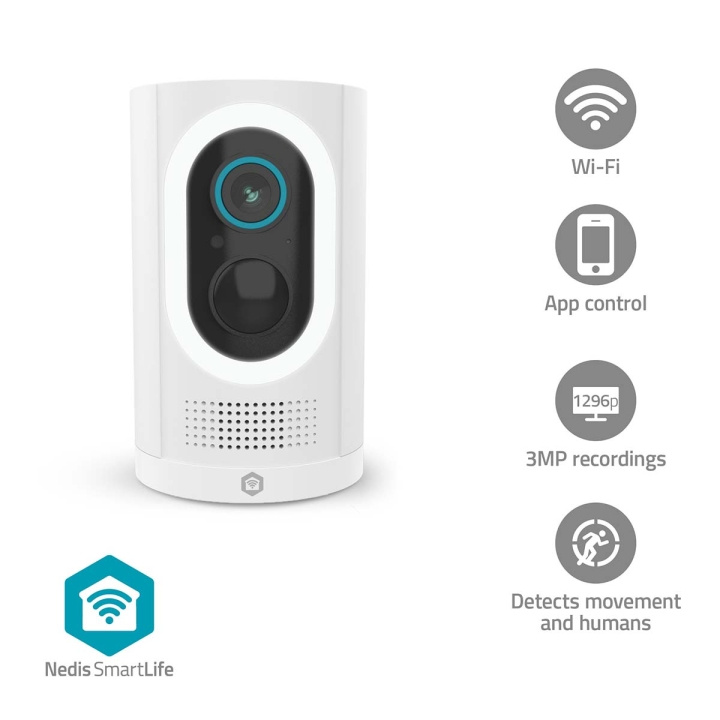 Nedis SmartLife Outdoor Camera | Wi-Fi | 3MP Full HD 1296p | IP65 | Max. battery life: 6 Months | Cloud Storage (optional) / microSD (not included) | 5 V DC | With motion sensor | Night vision | White in the group HOME, HOUSEHOLD & GARDEN / Alarm & Security / Security cameras / Digital (Network) / Outdoor cameras at TP E-commerce Nordic AB (D25014)