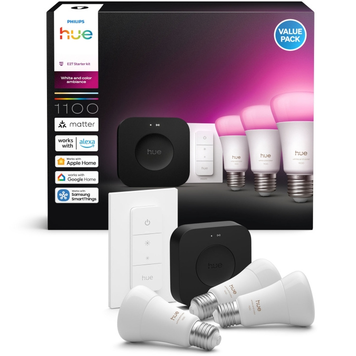Philips Hue Startkit White and Color Ambiance 3xE27 1100lm + fjärr + Hue Bridge Pro in the group HOME, HOUSEHOLD & GARDEN / Smart home / Smart Lights at TP E-commerce Nordic AB (D29116)