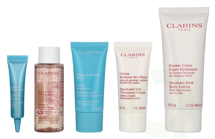 Clarins Head - To -Toe Moisturizing Essentials Set 217 ml Eau Micellaire 50ml/Total Eye gel 7ml/Silky Cream 30ml/Hand And Nail Cream 30ml/Body Lotion 100m in the group BEAUTY & HEALTH / Skin care / Face / Day cream at TP E-commerce Nordic AB (D29596)