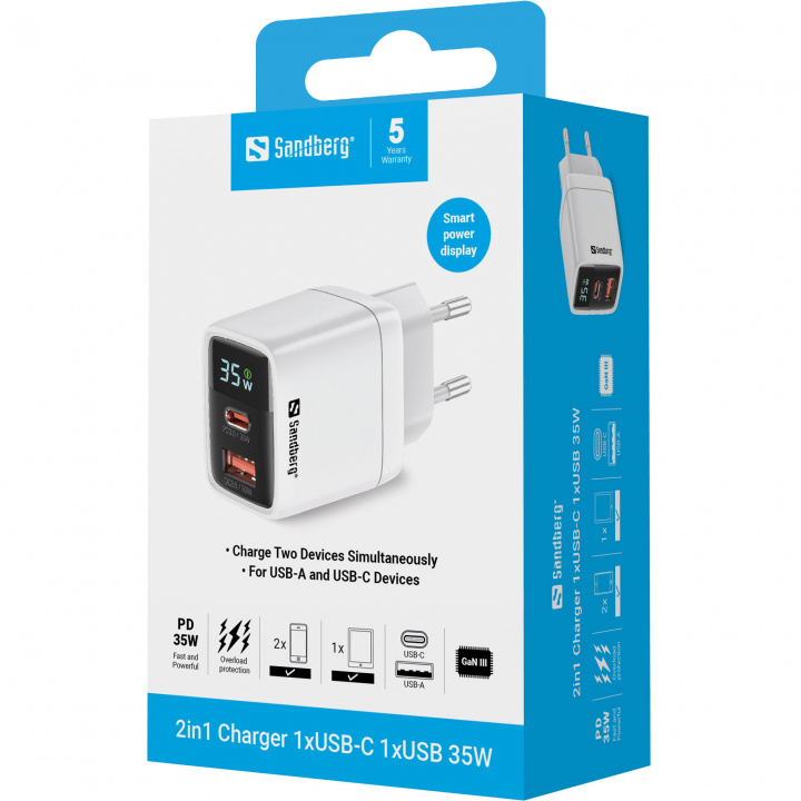 Sandberg 2in1 Charger 1xUSB-C 1xUSB 35W in the group SMARTPHONE & TABLETS / Chargers & Cables / Wall charger / Wall charger USB-C at TP E-commerce Nordic AB (D30375)