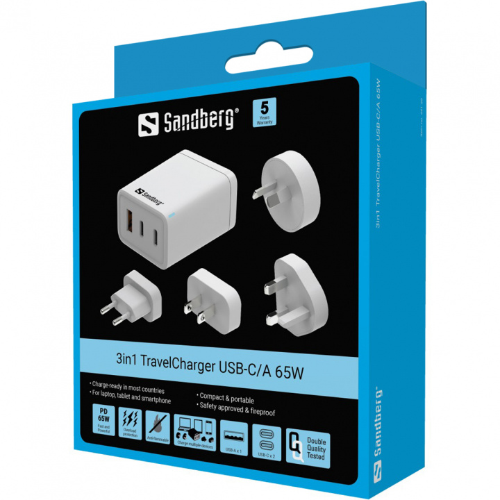 Sandberg 3in1 Travel Charger USB-C/A 65W in the group HOME, HOUSEHOLD & GARDEN / Electricity & Lighting / Travel adapters at TP E-commerce Nordic AB (D30376)