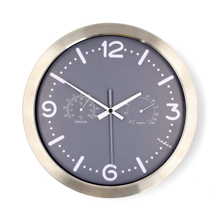 Nedis Wall Clock | Diameter: 300 mm | Stainless Steel | Silent movement | Thermometer | Hygrometer | Grey / Metal in the group HOME, HOUSEHOLD & GARDEN / Watches & Counters / Wall clocks at TP E-commerce Nordic AB (D32003)