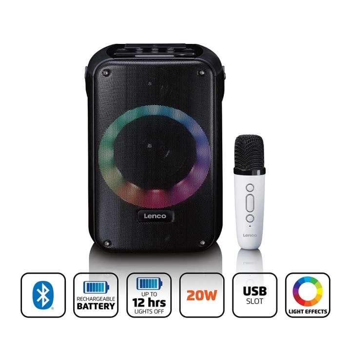 Lenco Karaoke system with Bluetooth®, rechargeable battery, wireless karaoke microphone, and disco LED lighting Black in the group HOME ELECTRONICS / Audio & Picture / Speakers & accessories / Bluetooth Speakers / Portable speakers at TP E-commerce Nordic AB (D32151)