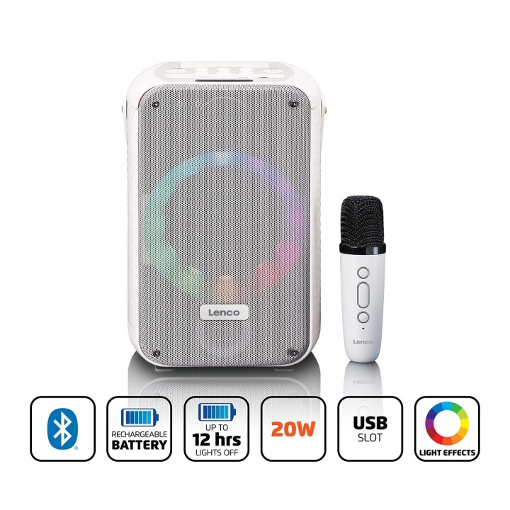 Lenco Karaoke system with Bluetooth®, rechargeable battery, wireless karaoke microphone, and disco LED lighting White in the group HOME ELECTRONICS / Audio & Picture / Speakers & accessories / Bluetooth Speakers / Portable speakers at TP E-commerce Nordic AB (D32152)